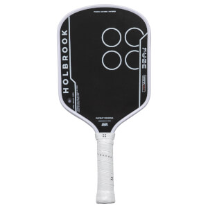 Front view of a black pickleball paddle with white "HOLBROOK" text, four white circles, and "FUZE" text.