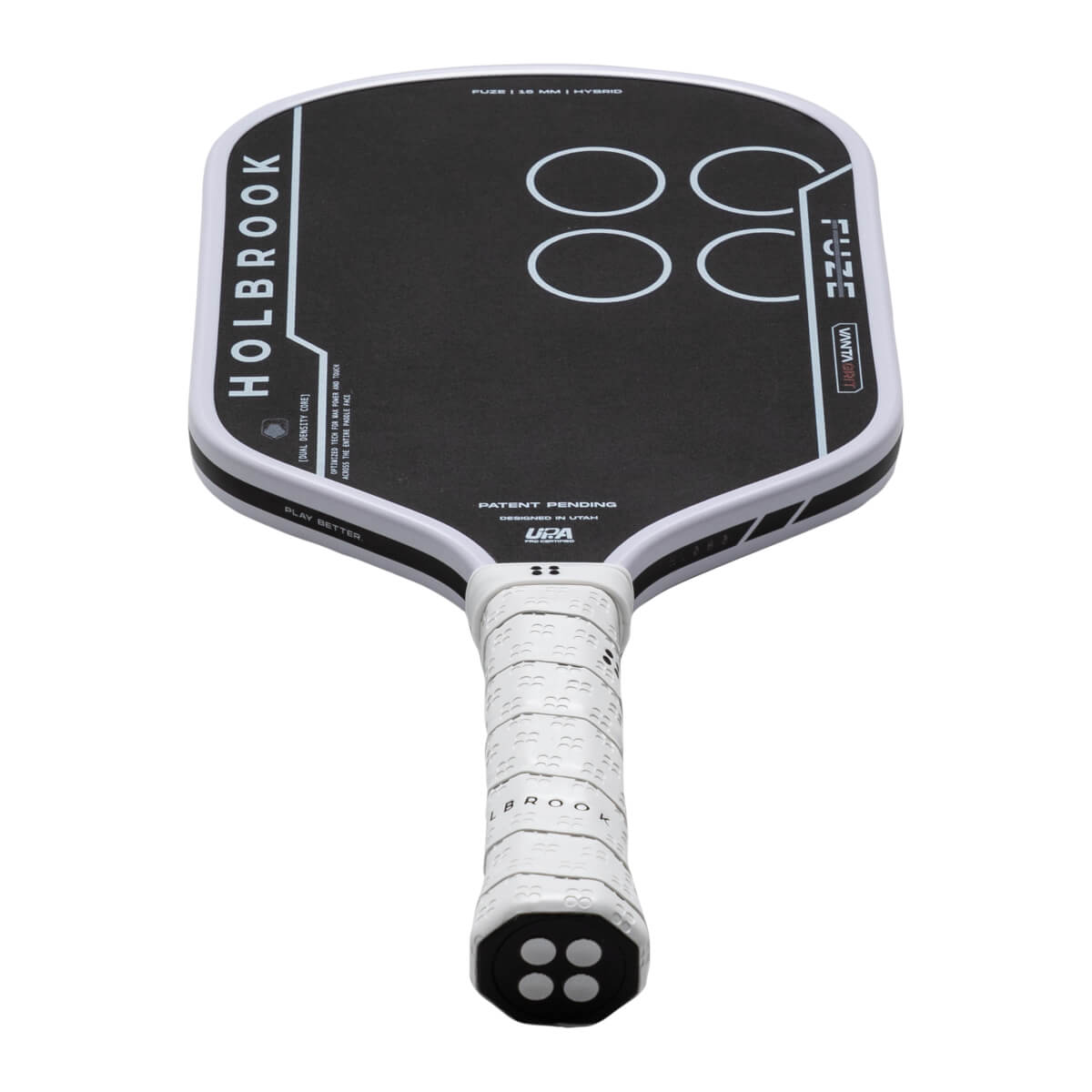 Top-down view of a black pickleball paddle with white "HOLBROOK" text, four white circles, and "FUZE | 16 MM | HYBRID" text.