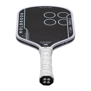 Top-down view of a black pickleball paddle with white "HOLBROOK" text, four white circles, and "FUZE | 16 MM | HYBRID" text.