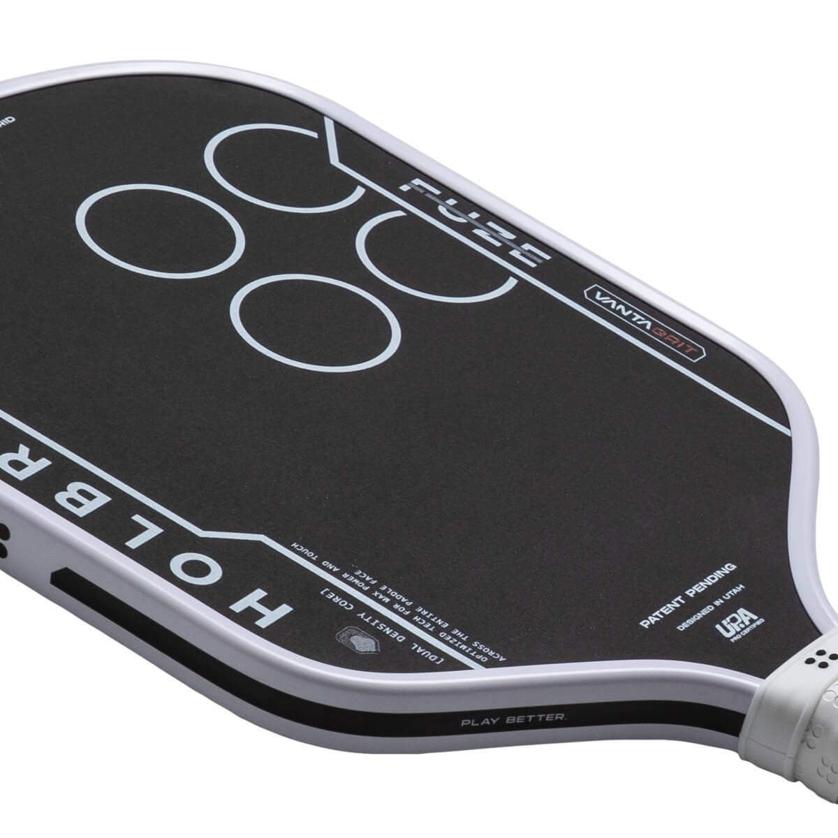 Top-down view of a black pickleball paddle with white "HOLBR" text, four white circles, and "FUZE" branding.