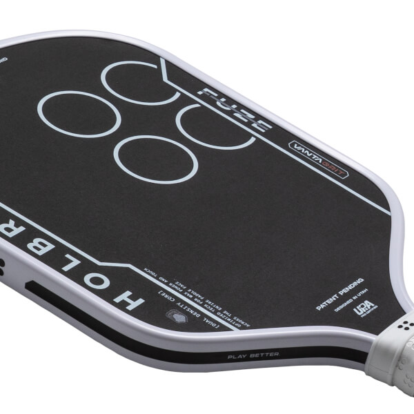 Top-down view of a black pickleball paddle with white "HOLBR" text, four white circles, and "FUZE" branding.