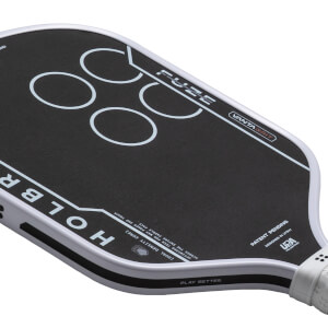 Top-down view of a black pickleball paddle with white "HOLBR" text, four white circles, and "FUZE" branding.