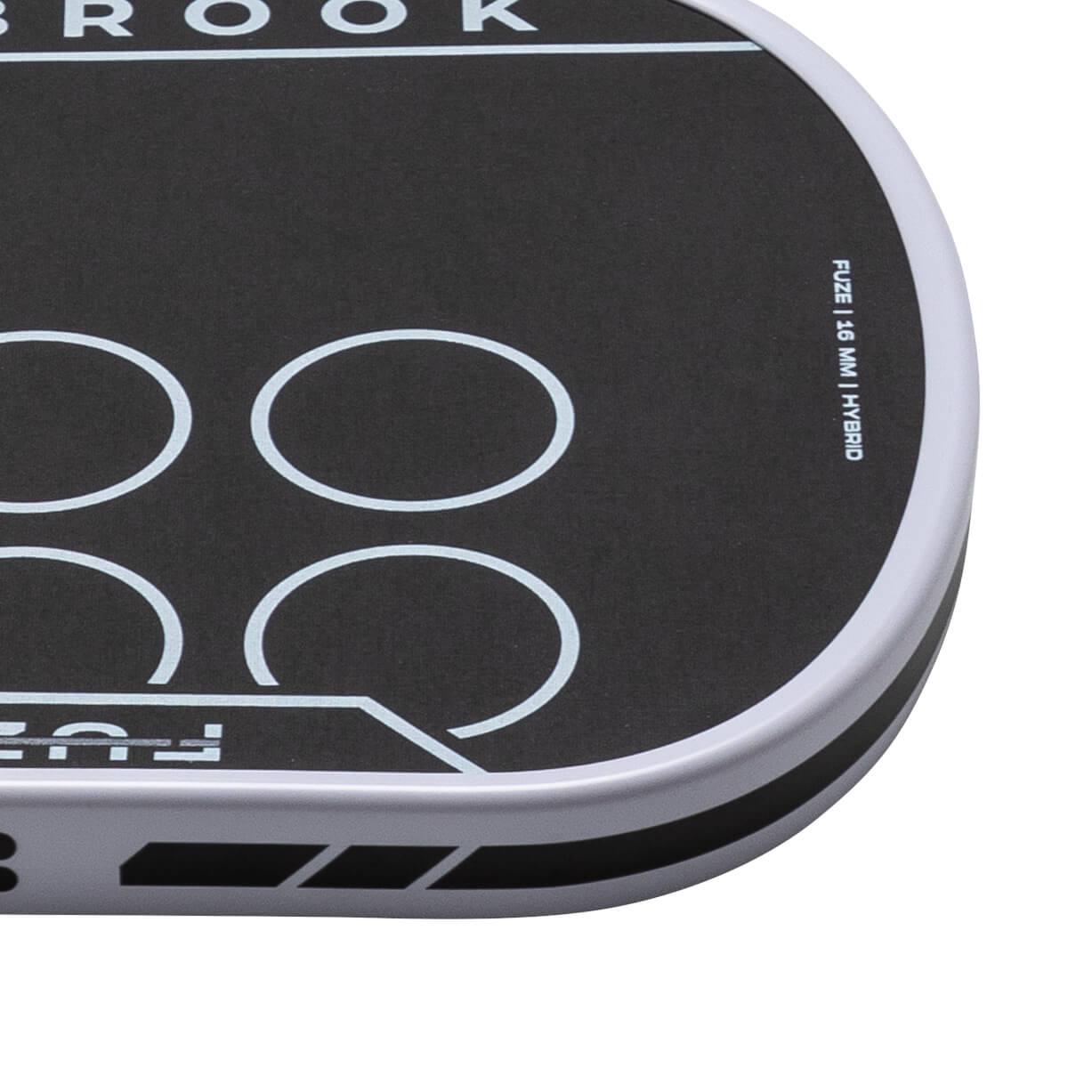Corner view of a black and white product with "BROOK" and "FUZE | 16 MM | HYBRID" text.