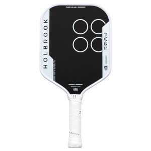 Front view of a white and black pickleball paddle with "HOLBROOK" and "FUZE" text, and four white circles.