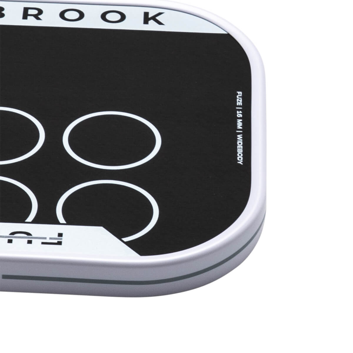 Top-down view of a black product with white text "BROOK" and four white circles, plus "FUZE | 16 MM | WIDEBODY".