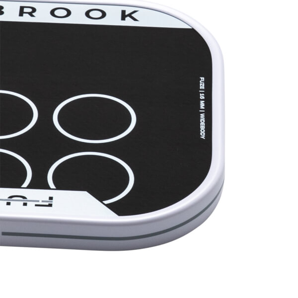 Top-down view of a black product with white text "BROOK" and four white circles, plus "FUZE | 16 MM | WIDEBODY".
