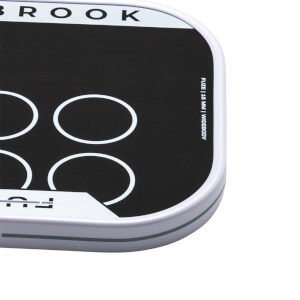 Top-down view of a black product with white text "BROOK" and four white circles, plus "FUZE | 16 MM | WIDEBODY".