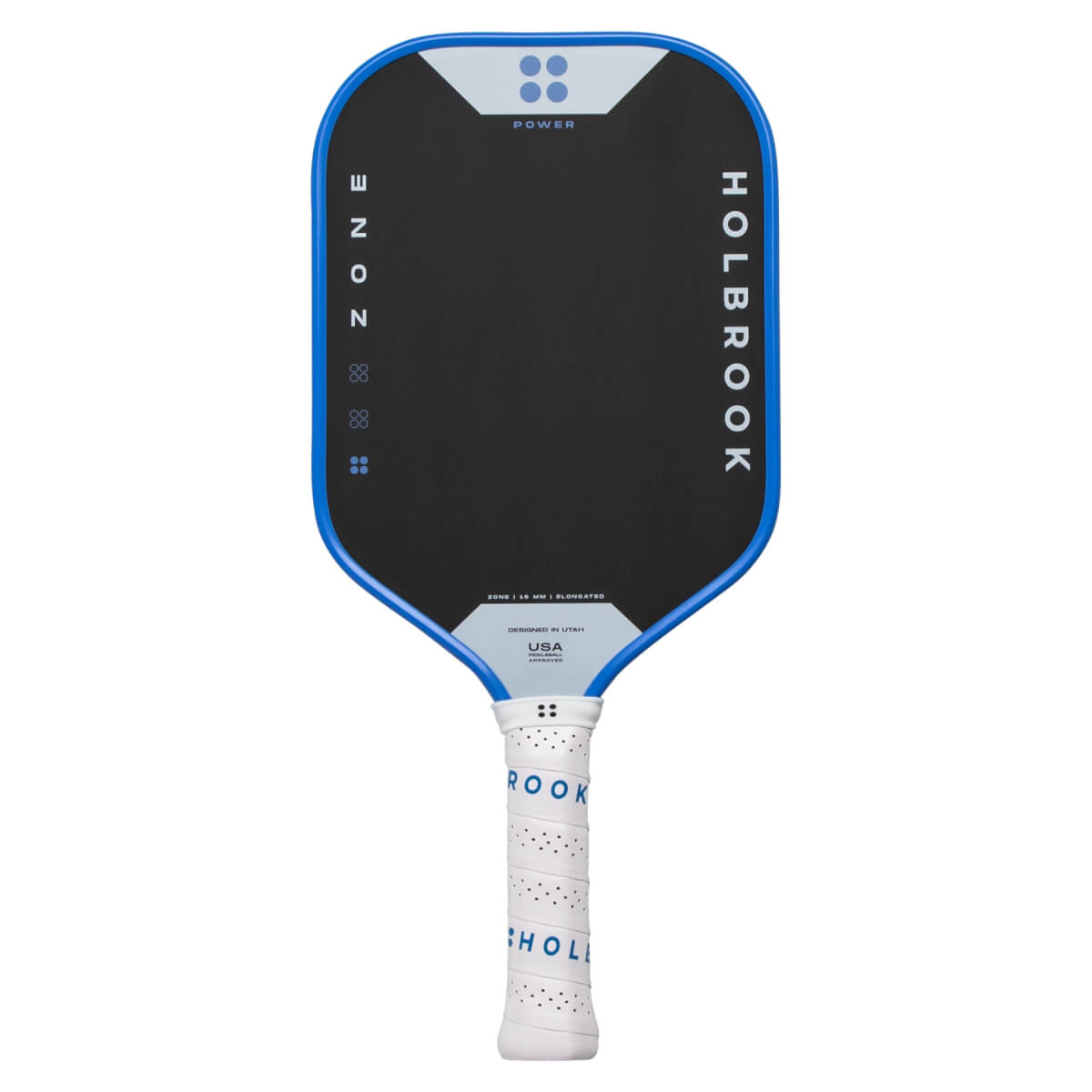 Front view of a black pickleball paddle with blue trim, white grip, and visible text HOLBROOK, ZONE, POWER, USA.