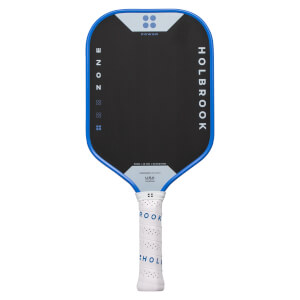 Front view of a black pickleball paddle with blue trim, white grip, and visible text HOLBROOK, ZONE, POWER, USA.