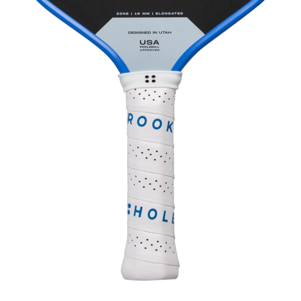 Close-up of a white perforated pickleball paddle handle with blue neck and ROOK HOL text.