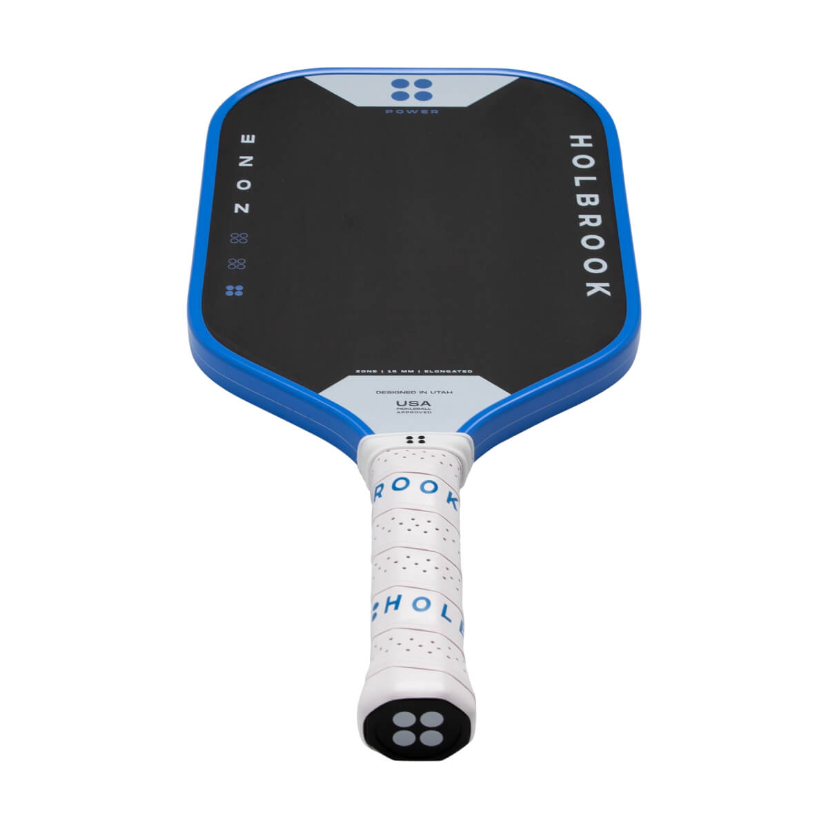 Angled front view of a black pickleball paddle with blue trim, a white grip, and HOLBROOK, ZONE, and POWER visible on the face.