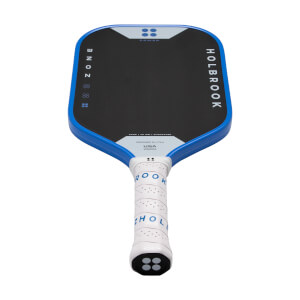 Angled front view of a black pickleball paddle with blue trim, a white grip, and HOLBROOK, ZONE, and POWER visible on the face.