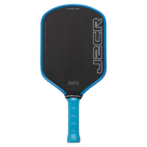Front view of a black pickleball paddle with a blue rim and handle, featuring large white "J2CR" text on the side and "HONOLULU" on the neck band.