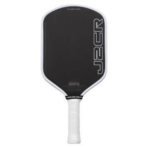Front view of a black carbon fiber pickleball paddle with a white edge guard and grip, featuring large J2CR text on the face and HONOLULU on the neck.