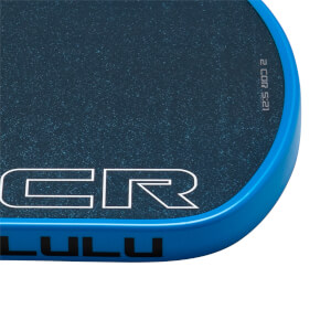 Corner view of the paddle showing the blue edge, "CR" logo, and "LULU" text.