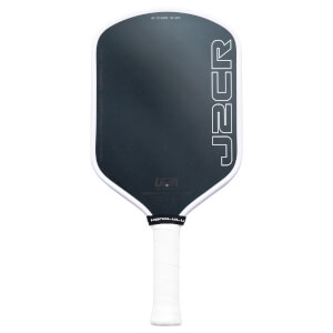 Front view of a dark grey pickleball paddle with a white edge and handle, featuring large vertical J2CR text on the face and a black HONOLULU neck band.