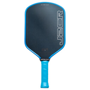 Front view of a black pickleball paddle with a blue edge guard and grip, featuring "J2CR" text on the face and "HONOLULU" on the throat.