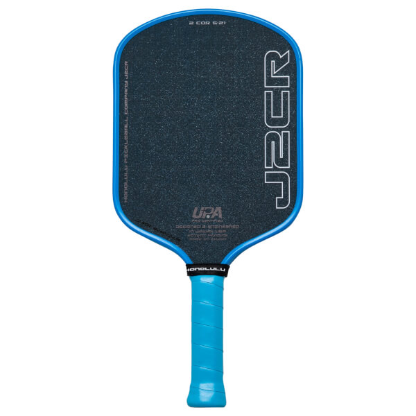 Front view of a blue and black pickleball paddle with "J2CR" and "HONOLULU" visible.