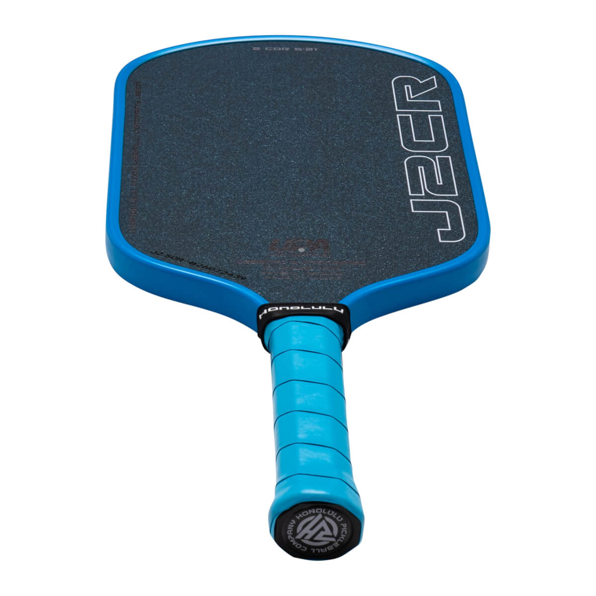 Top-down view of a blue pickleball paddle with a black textured hitting surface and white "J2CR" logo.
