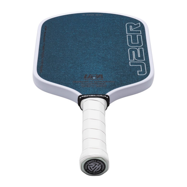 Top-down view of a pickleball paddle with a blue textured face, white border, and "J2CR" logo.