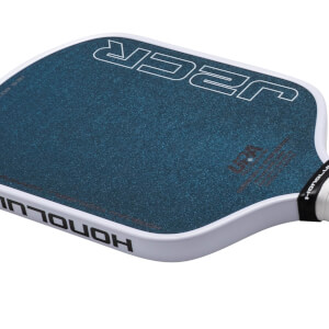 Corner view of a blue pickleball paddle with white "JCR" and "HONOLULU" text.