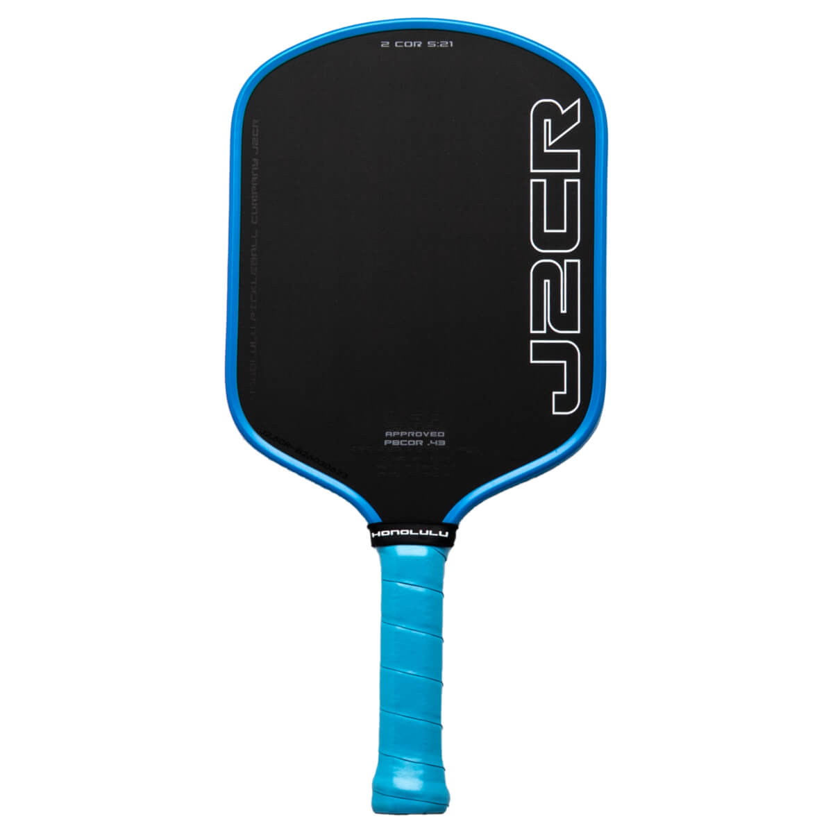 Front view of a black pickleball paddle with a blue rim, featuring white "J2CR" lettering and "HONOLULU" text.