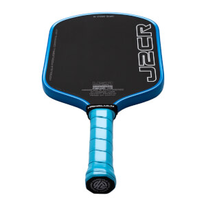 Top-down view of a blue pickleball paddle with a black hitting surface, showing the "J2CR" logo and "HONOLULU PICKLEBALL COMPANY" text.