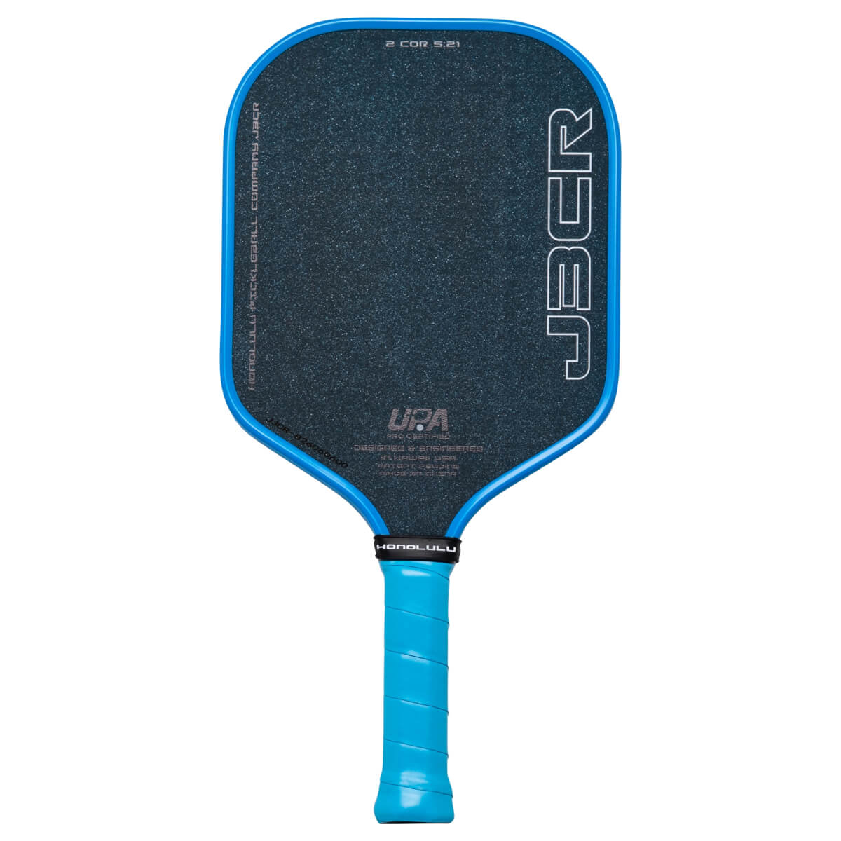 Front view of a blue pickleball paddle with a dark textured face, featuring the "JBER" logo and "2 COR 5:21" text.