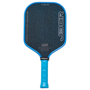 Front view of a blue pickleball paddle with a dark textured face, featuring the "JBER" logo and "2 COR 5:21" text.
