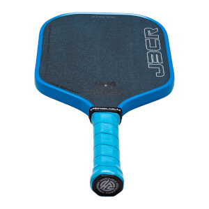 Top-down view of a blue pickleball paddle with a dark textured surface, showing the "JBCR" logo and "HONOLULU PICKLEBALL COMPANY" text.