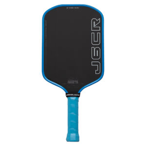 Front view of a black Honolulu J6CR pickleball paddle with a blue edge guard and grip, featuring large vertical J6CR text and USA PICKLEBALL APPROVED marking.