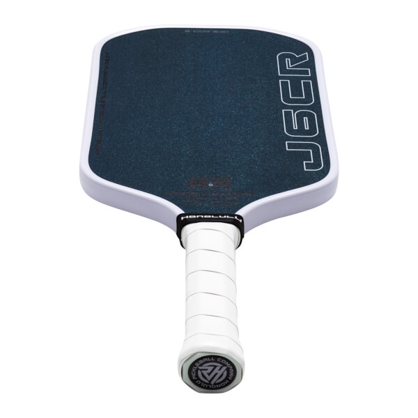 Top-down view of a pickleball paddle with a dark textured surface, white trim, and "JGCR" in white outline.