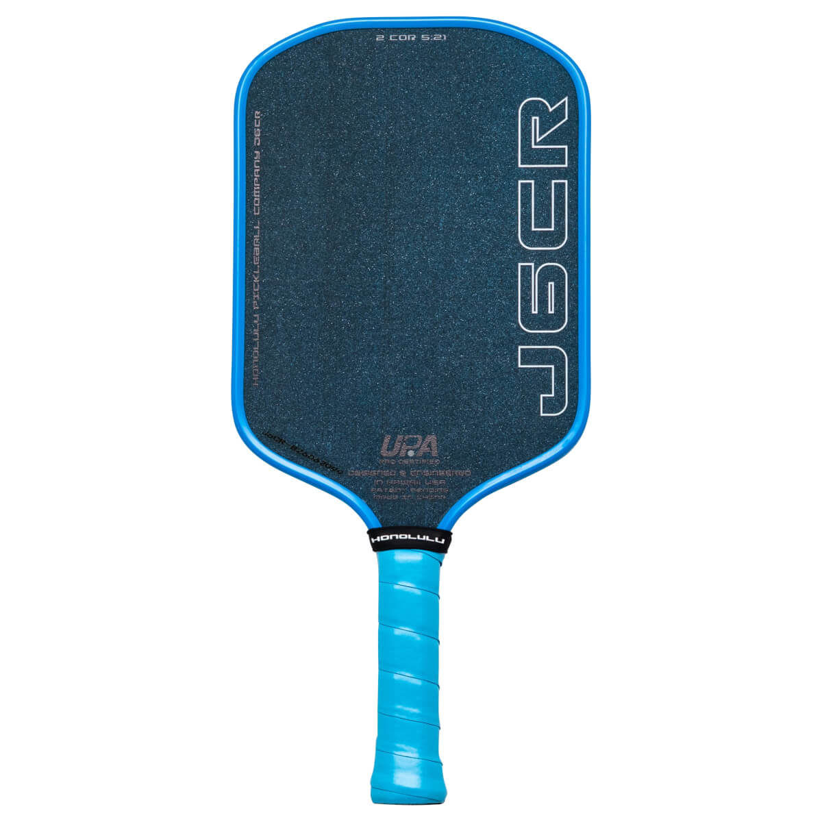 Front view of a blue pickleball paddle with "JBER" and "HONOLULU" text.
