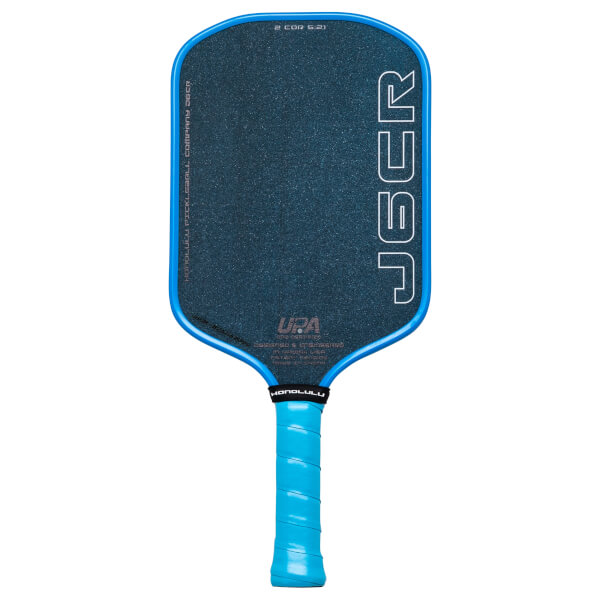Front view of a blue pickleball paddle with "JBER" and "HONOLULU" text.