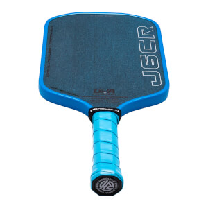 Top-down view of a blue pickleball paddle with "J6CR" and "HONOLULU PICKLEBALL COMPANY" visible.