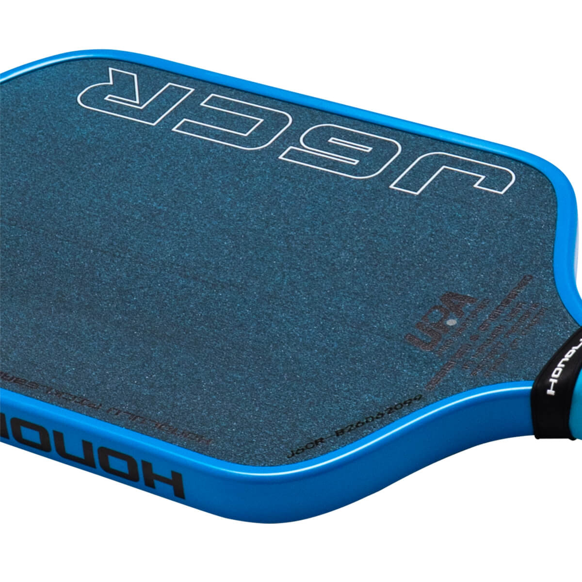 Top-down view of a blue pickleball paddle with a textured dark blue surface and white "JSECR" lettering.