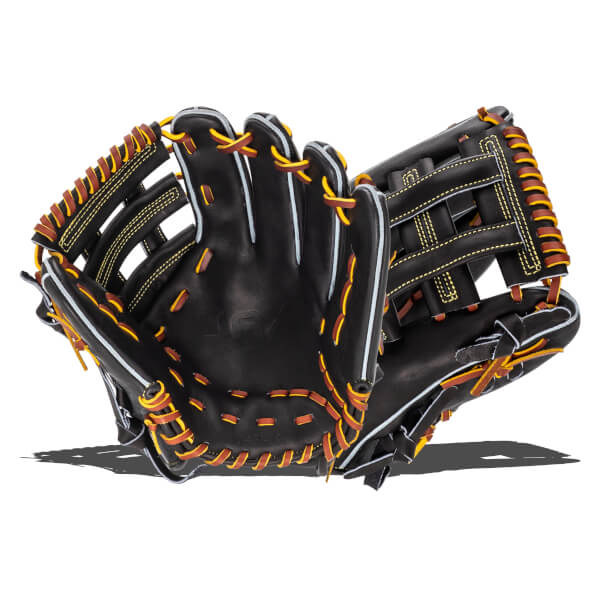 Close-up of a black baseball glove with brown and yellow lacing and white piping, showing the "JFX" logo.