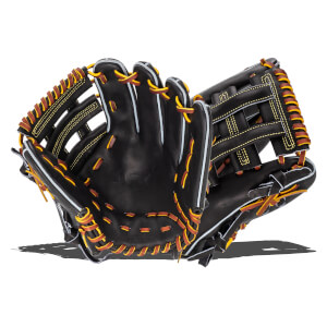 Close-up of a black baseball glove with brown and yellow lacing and white piping, showing the "JFX" logo.