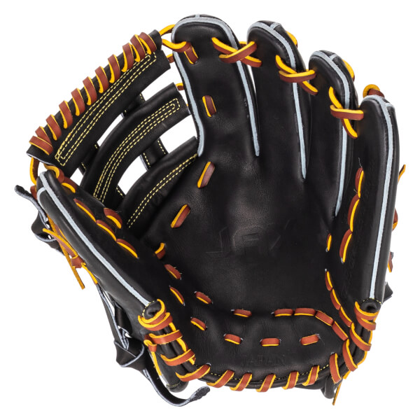 Top-down view of a black baseball glove with brown and yellow lacing and white piping.