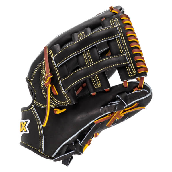 Side view of a black baseball glove with yellow stitching and brown lacing, showing the "X" logo.
