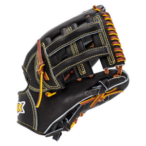 Side view of a black baseball glove with yellow stitching and brown lacing, showing the "X" logo.