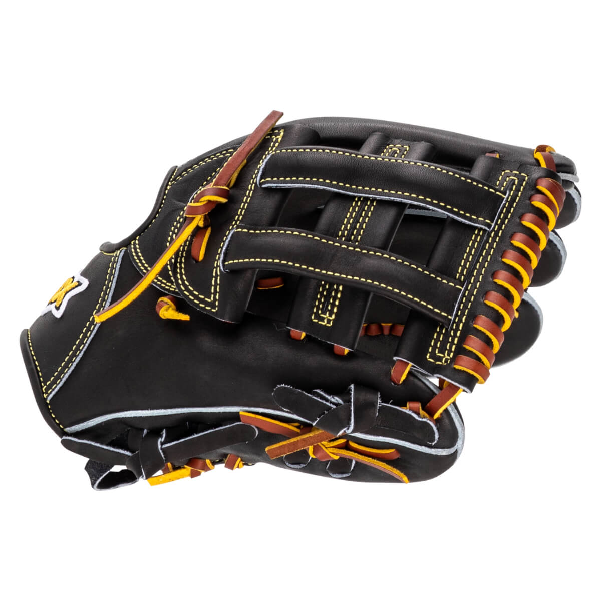Side view of a black baseball glove with yellow stitching and brown and yellow lacing.