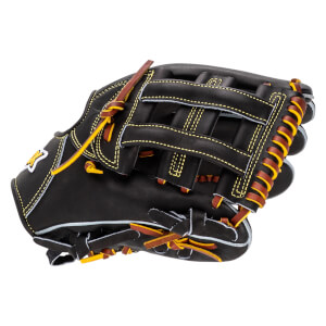 Side view of a black baseball glove with yellow stitching and brown and yellow lacing.