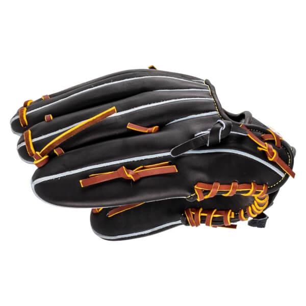Side view of a black baseball glove with brown and yellow lacing and white stitching.