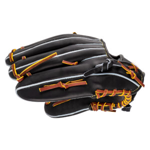 Side view of a black baseball glove with brown and yellow lacing and white stitching.