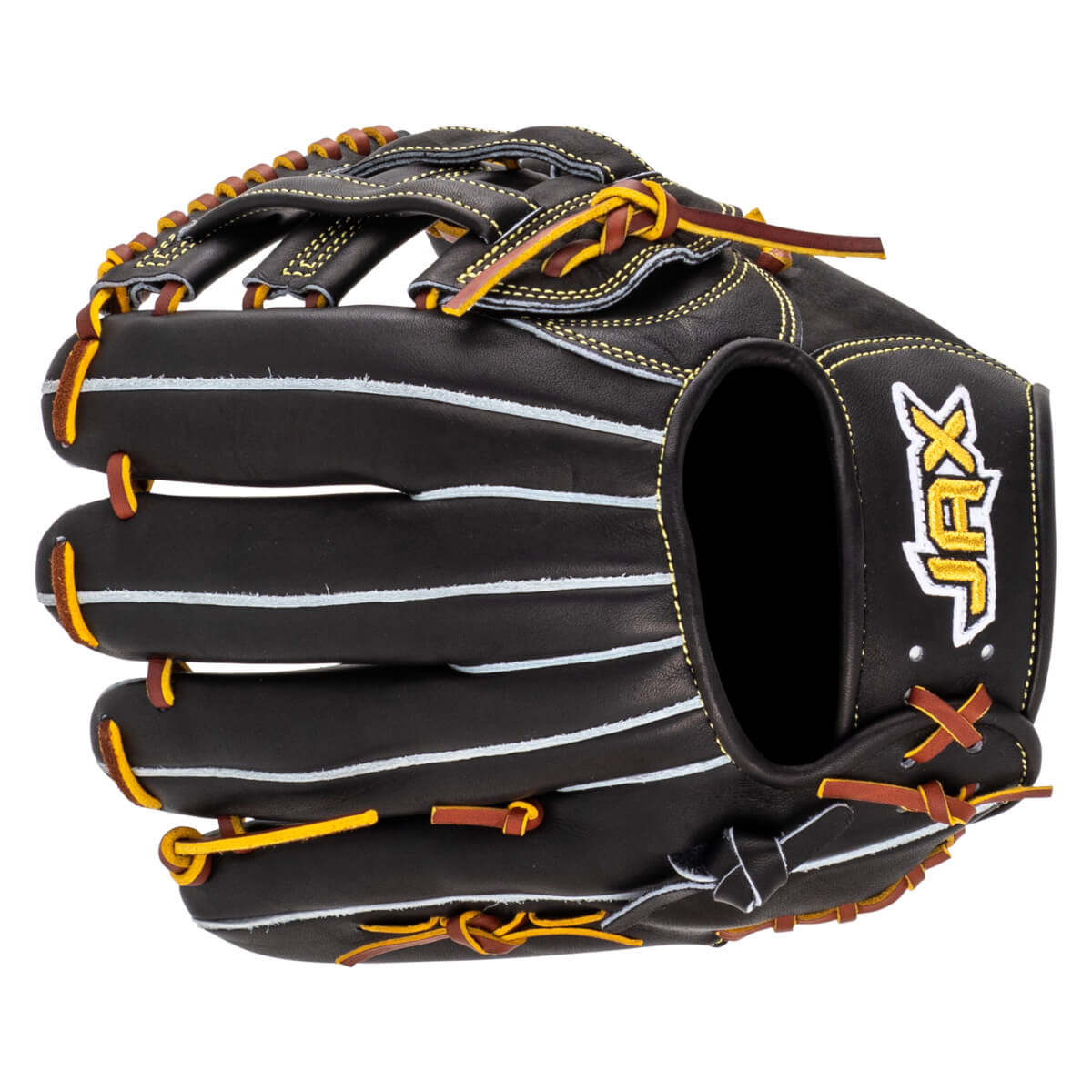 Top-down view of a black baseball glove with yellow and brown lacing and white stitching, featuring a yellow "XJR" logo.