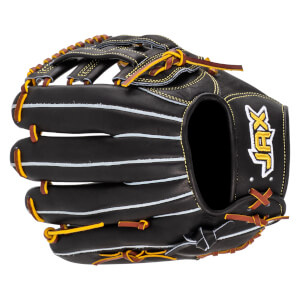 Top-down view of a black baseball glove with yellow and brown lacing and white stitching, featuring a yellow "XJR" logo.