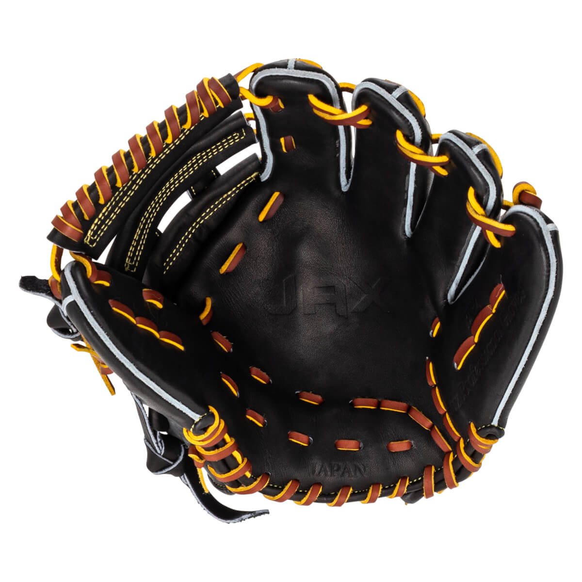 Top-down view of a black baseball glove with brown and yellow lacing, featuring "JAX" and "JAPAN" embossed on the leather.