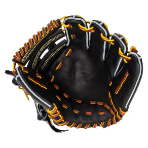 Top-down view of a black baseball glove with brown and yellow lacing, featuring "JAX" and "JAPAN" embossed on the leather.