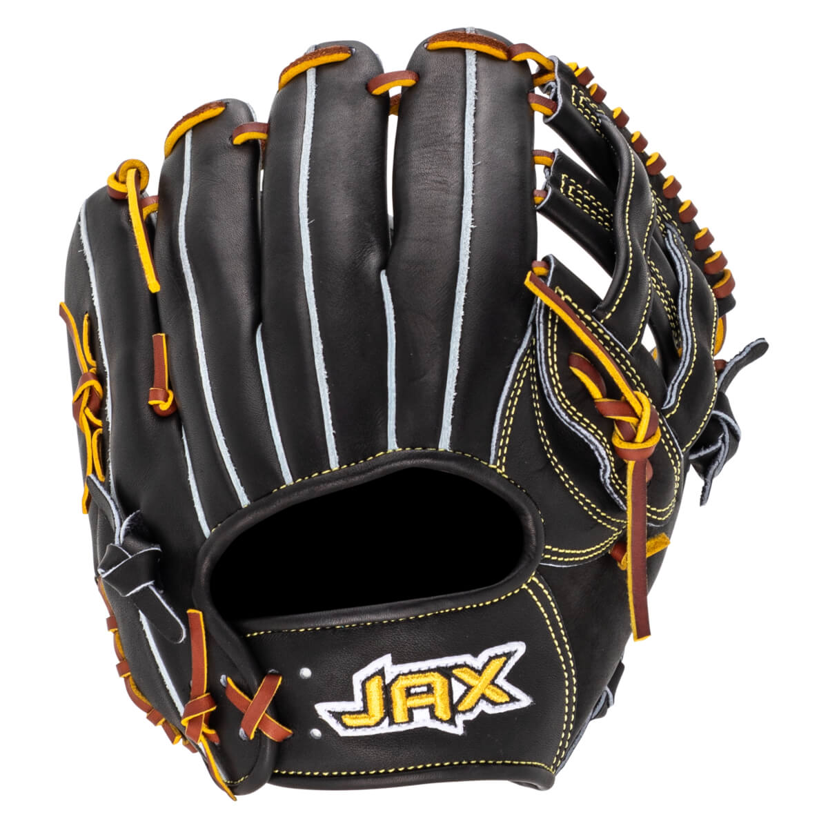 Front view of a black baseball glove with yellow and brown lacing, featuring the "JAX" logo.
